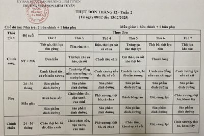 Thực đơn Tuần 2 tháng 12 năm 2025